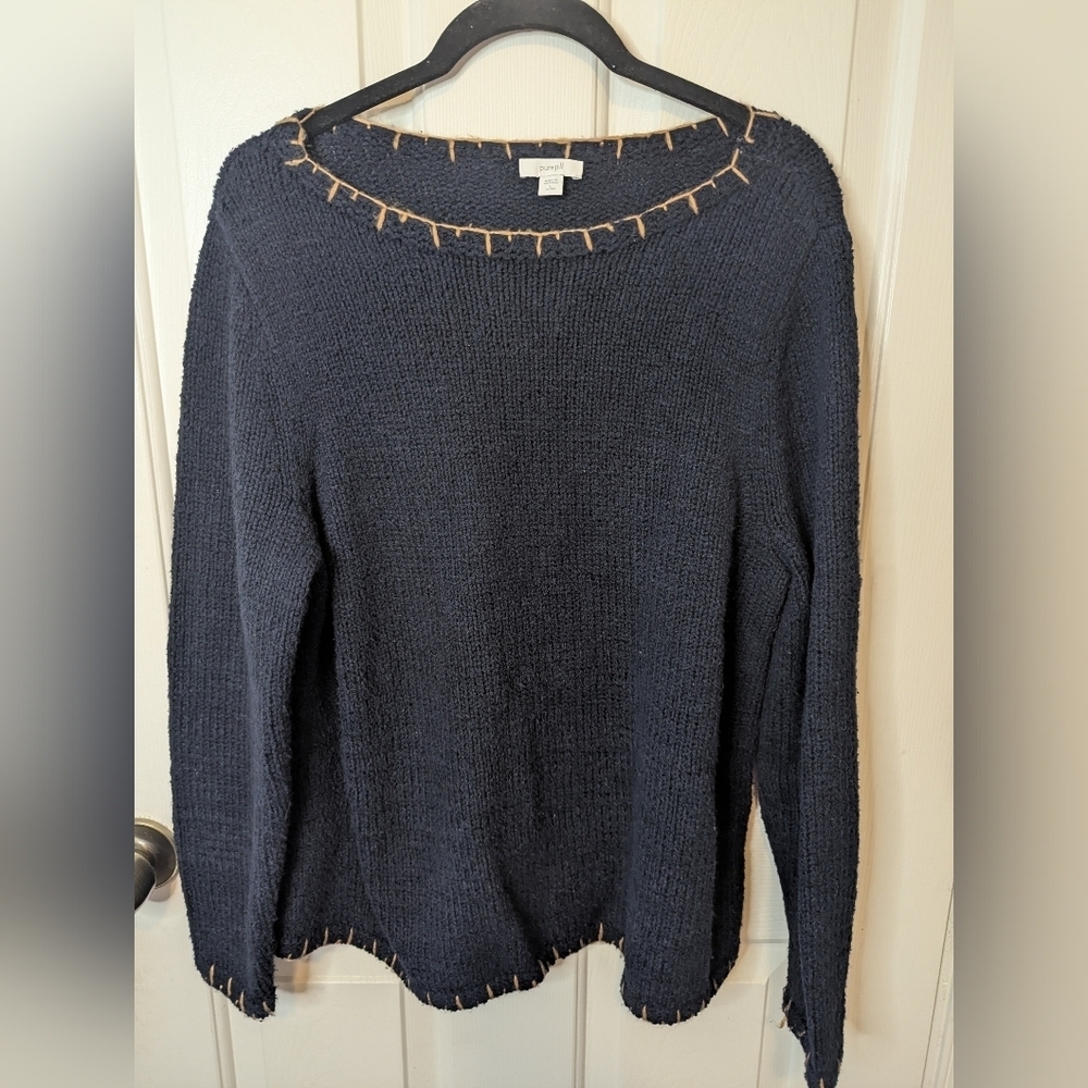 Pure Jill Women's Petite Navy Long Sleeve Woven Pullover Sweater, Size PL